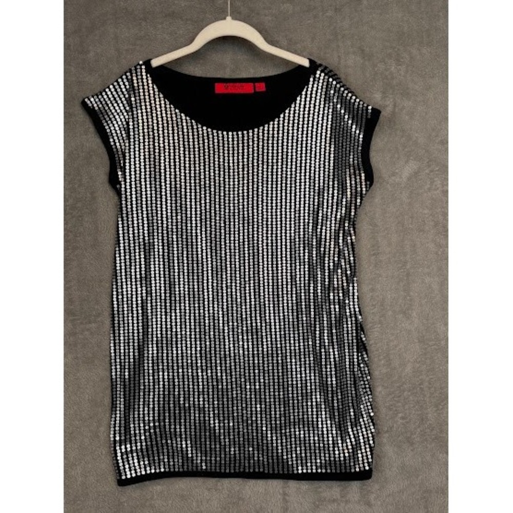 Belle Gray by Lisa Rinna Womens Silver Sequin Striped Tunic Top Black Small